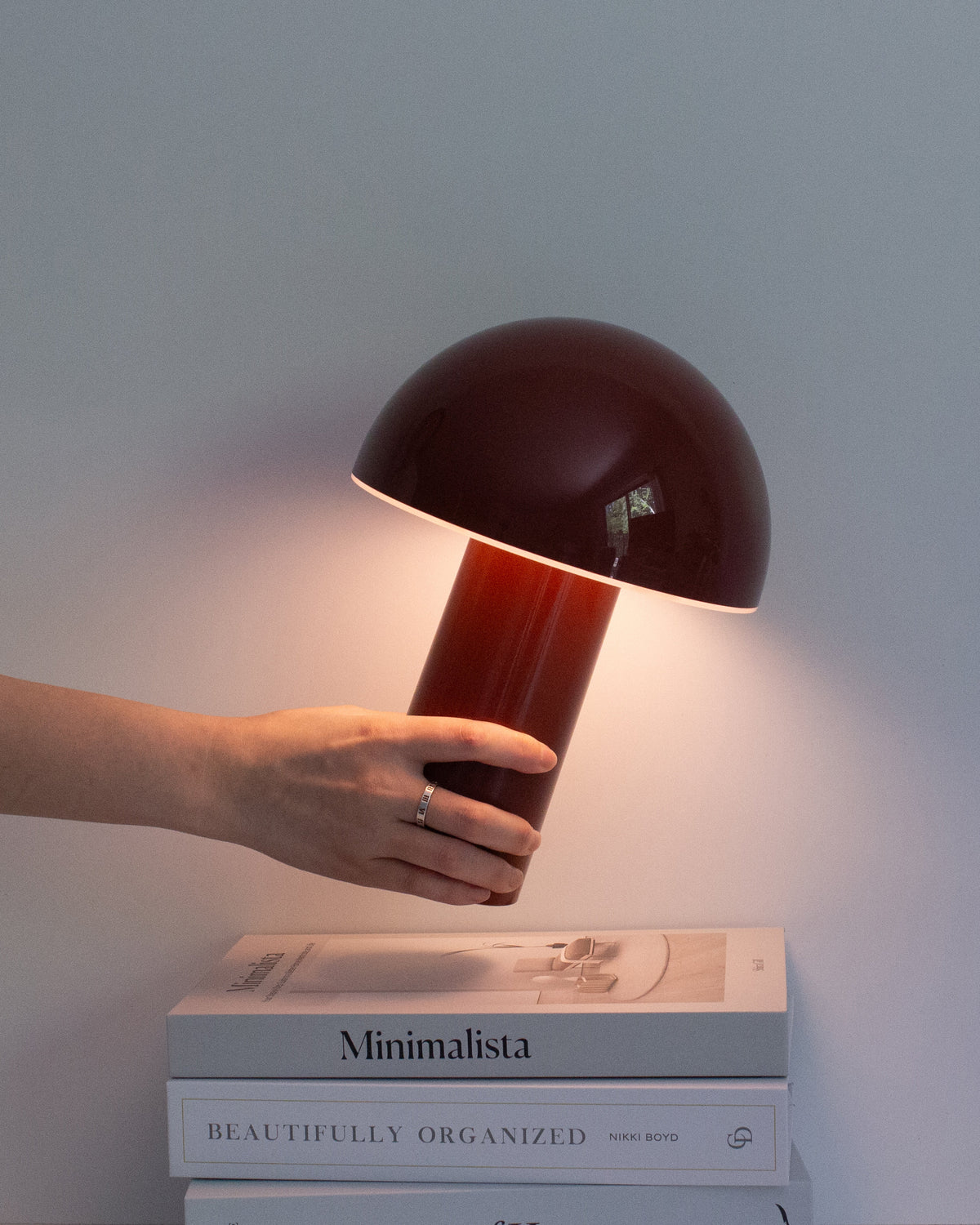 Person holding a red lamp on top of books titled 'Minimalista'.