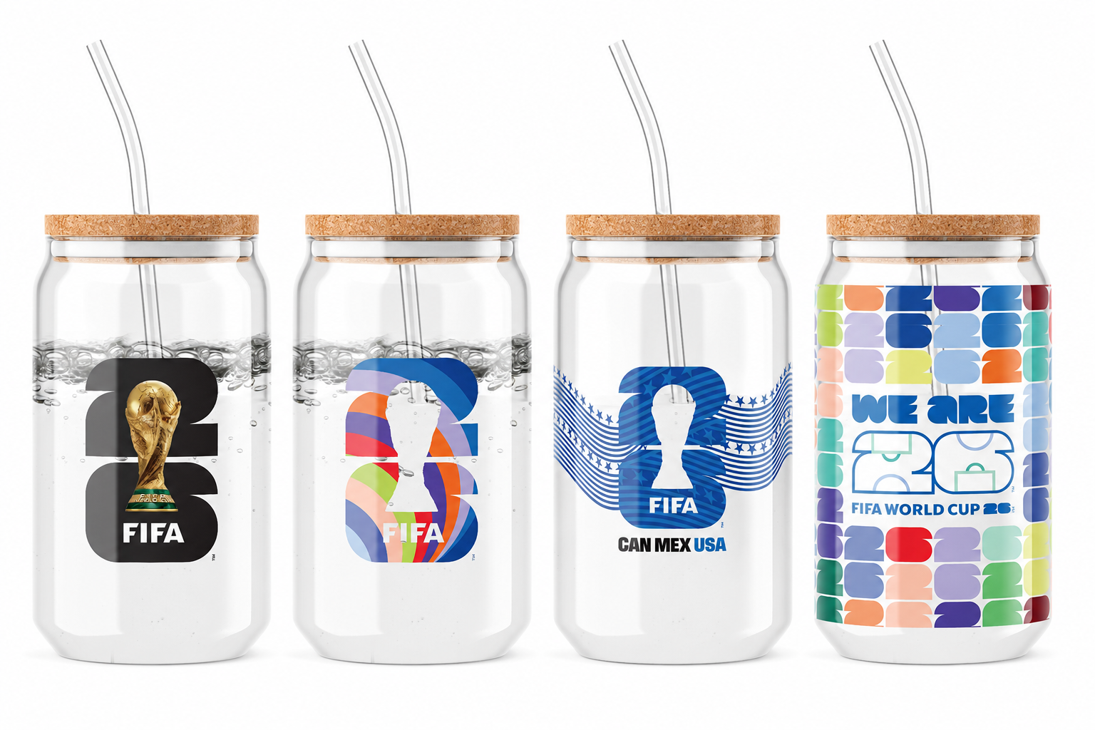 Four glass tumblers with FIFA World Cup designs on a white background