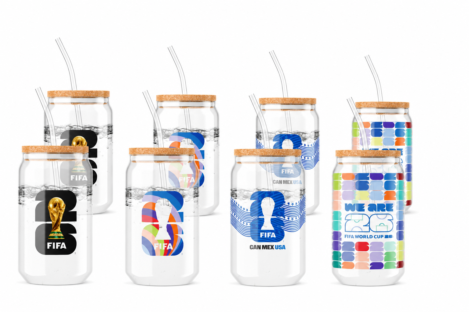 Set of FIFA World Cup-themed mason jar tumblers with straws on a white background