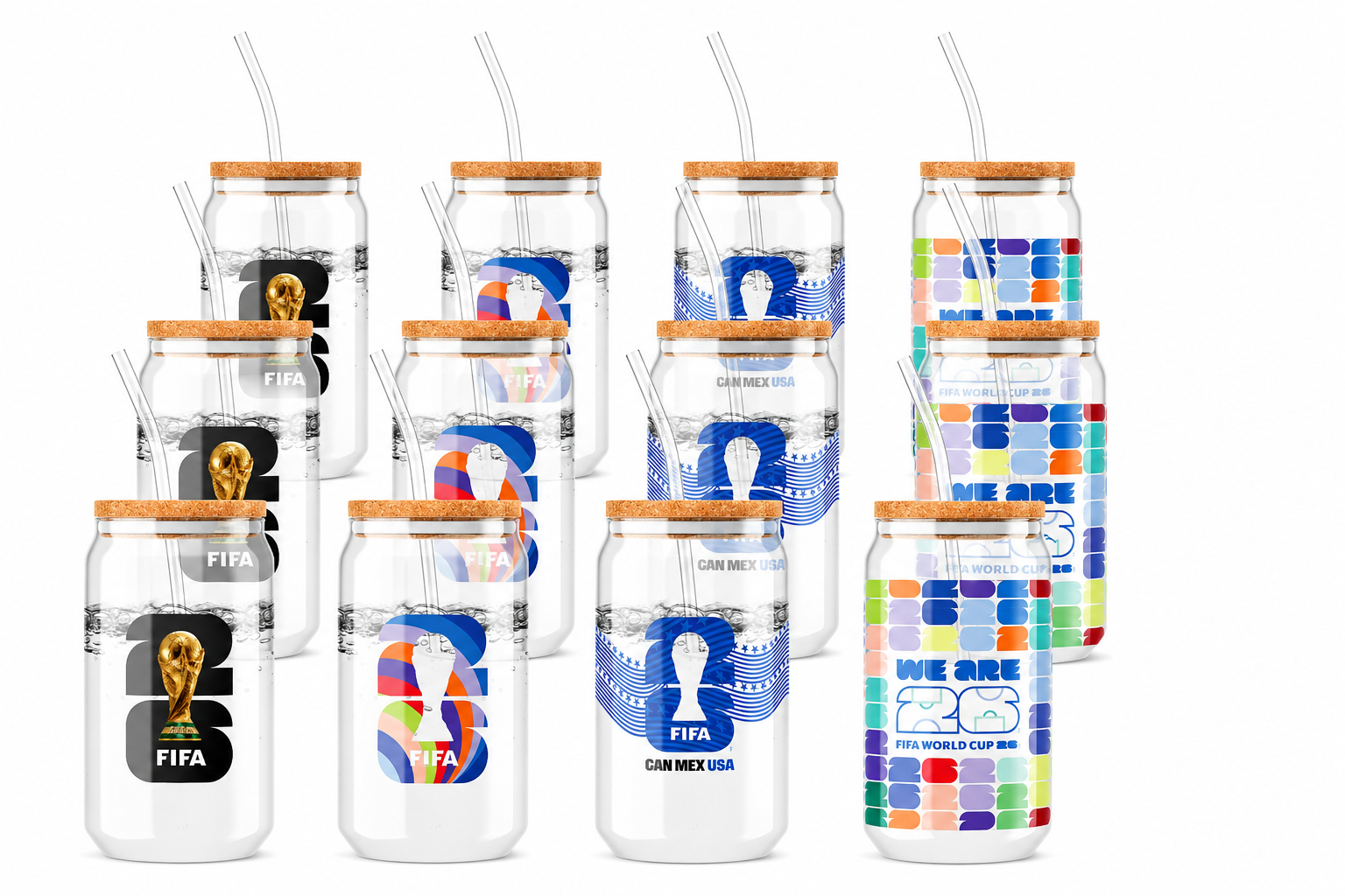 Set of glass tumblers with FIFA World Cup 2026 branding on a white background