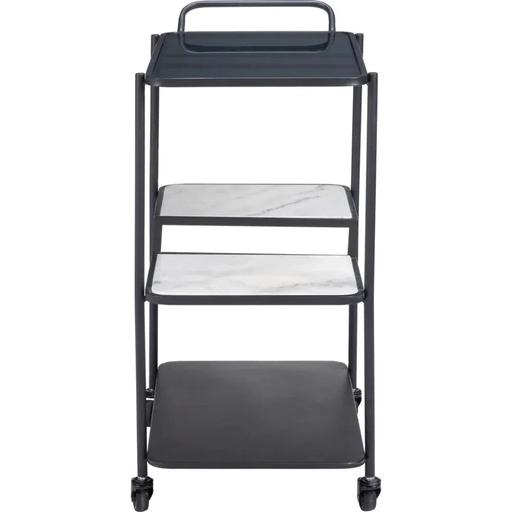 Black metal serving cart with three shelves on a white background