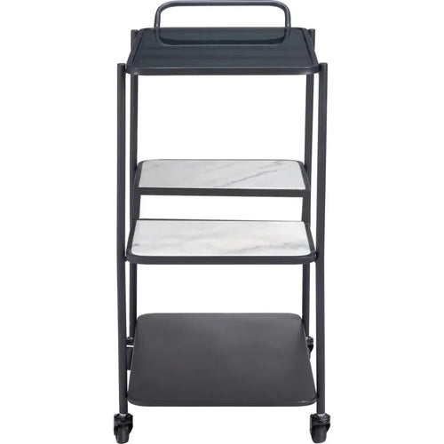 Black metal serving cart with three shelves on a white background
