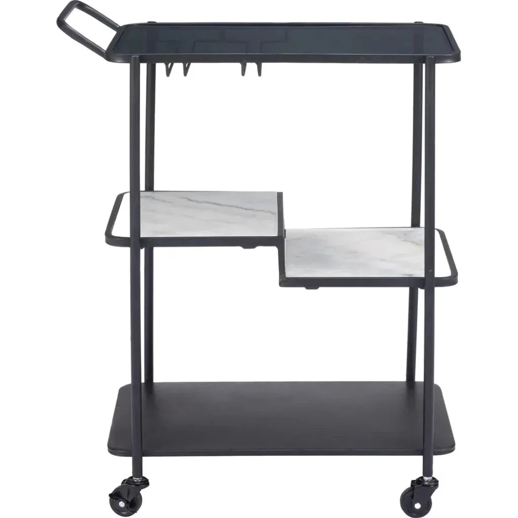 Black metal serving cart with multiple shelves on a white background