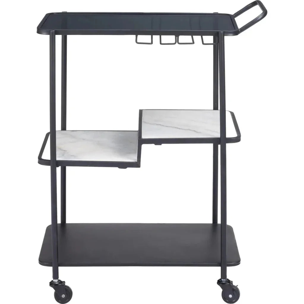 Black metal serving cart with marble shelves on a white background