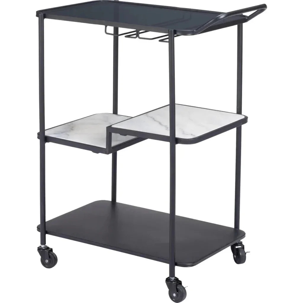 Black metal utility cart with glass shelves on a white background