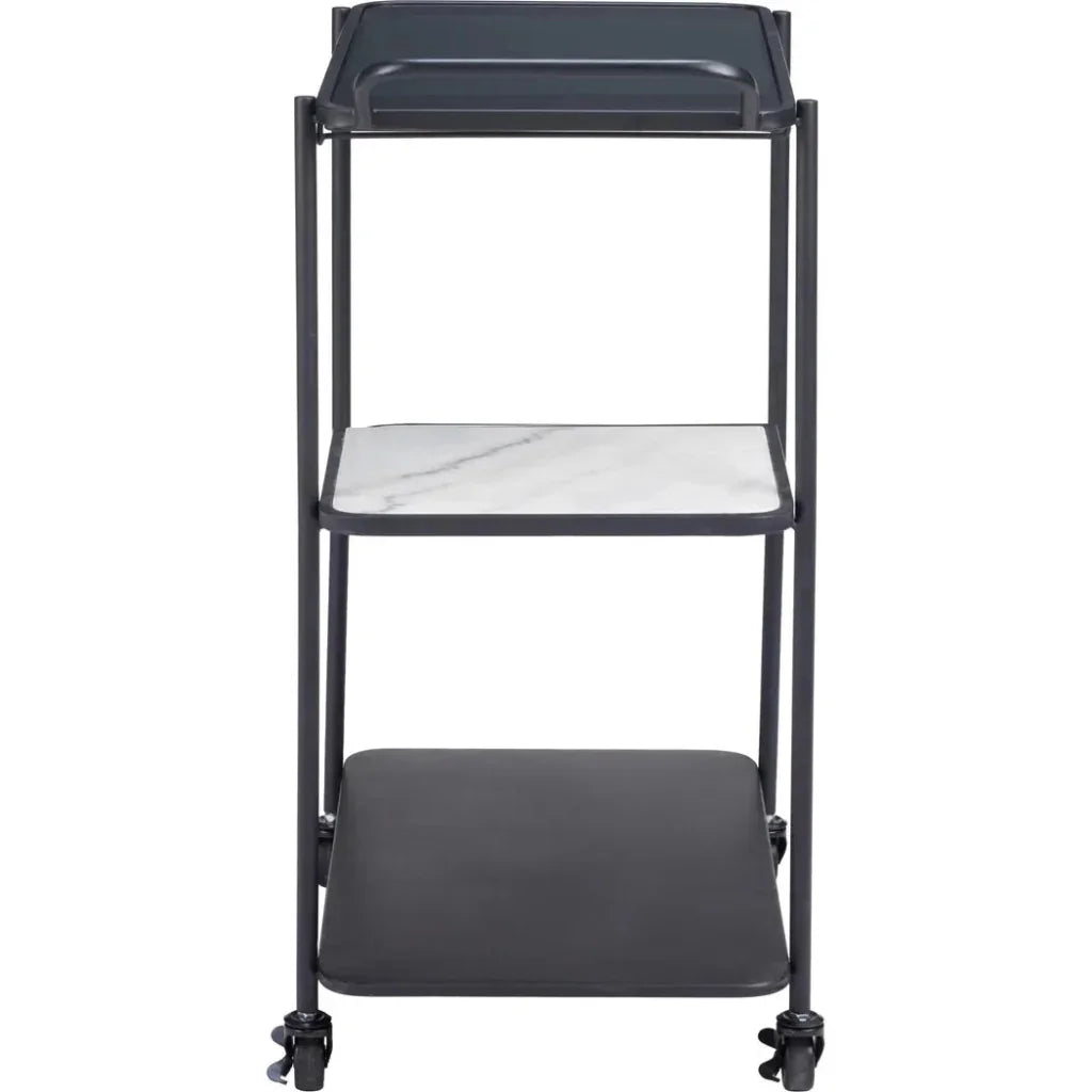 Black three-tier bar cart with marble-patterned top on a white background