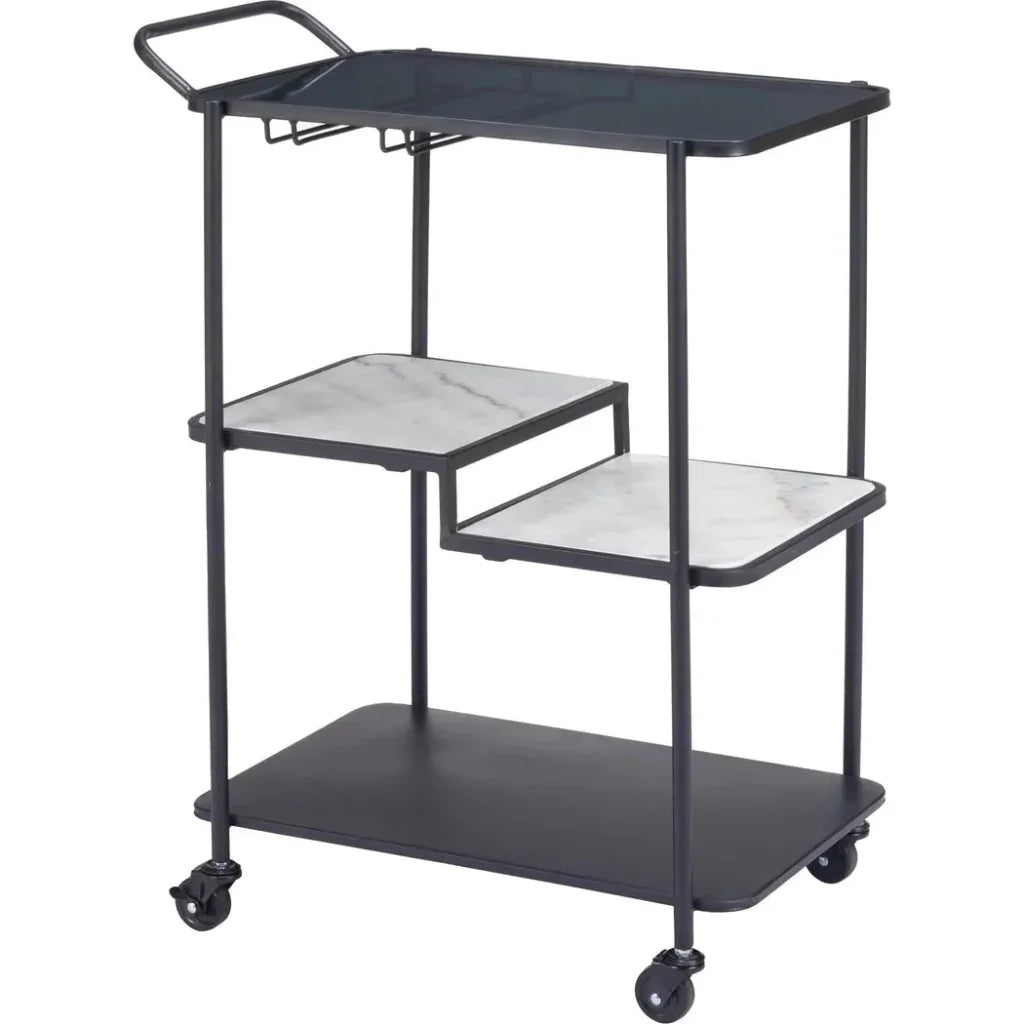 Black metal utility cart with multiple shelves on a white background