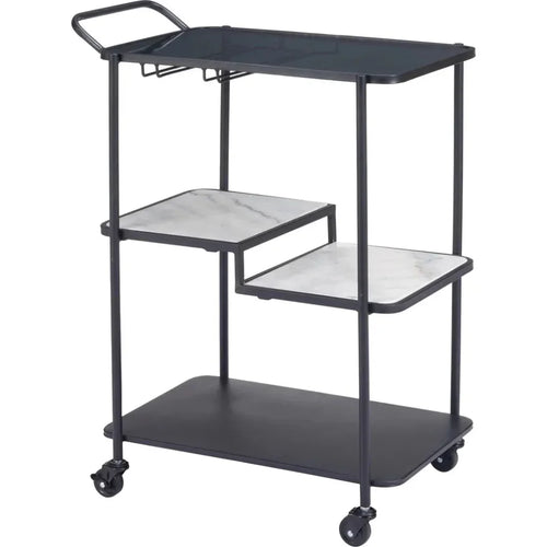 Black metal utility cart with multiple shelves on a white background