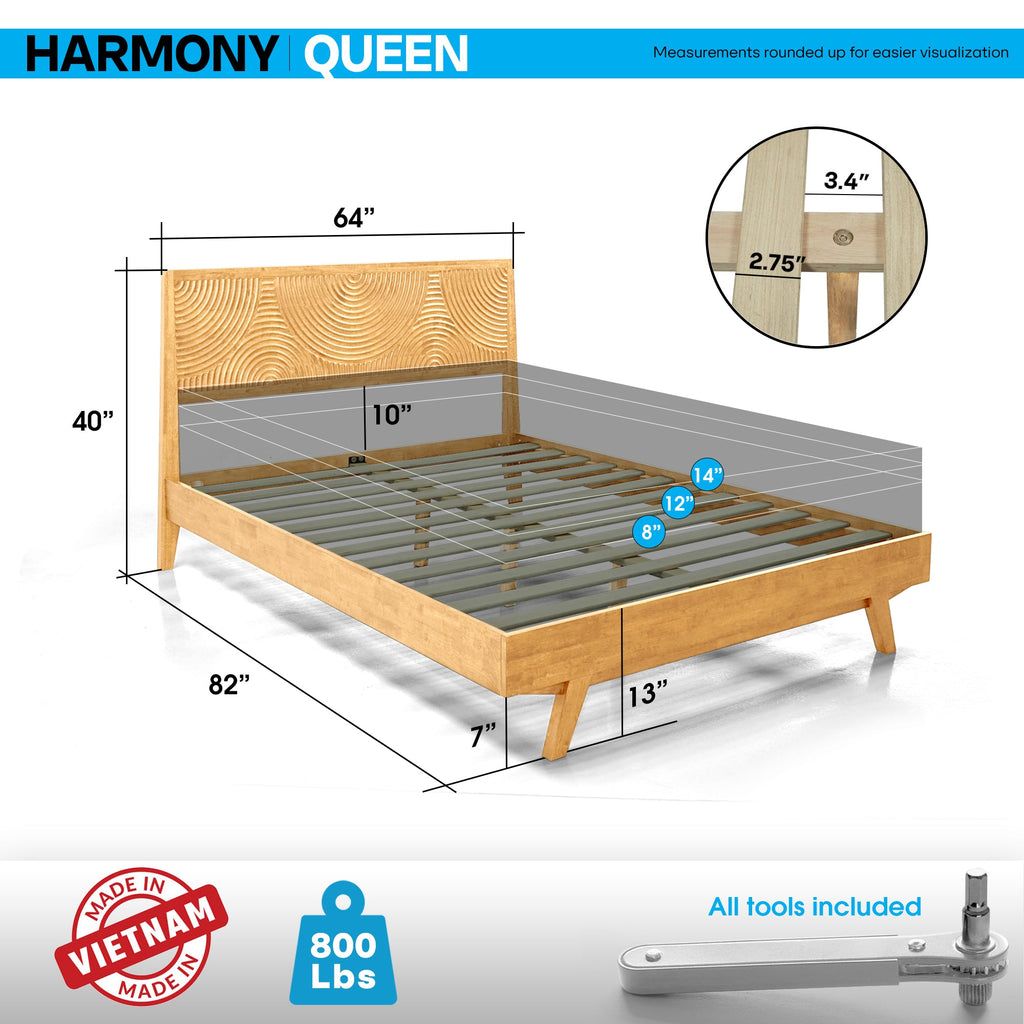 Wooden bed frame with dimensions labeled, made in Vietnam, and capacity of 800 lbs.