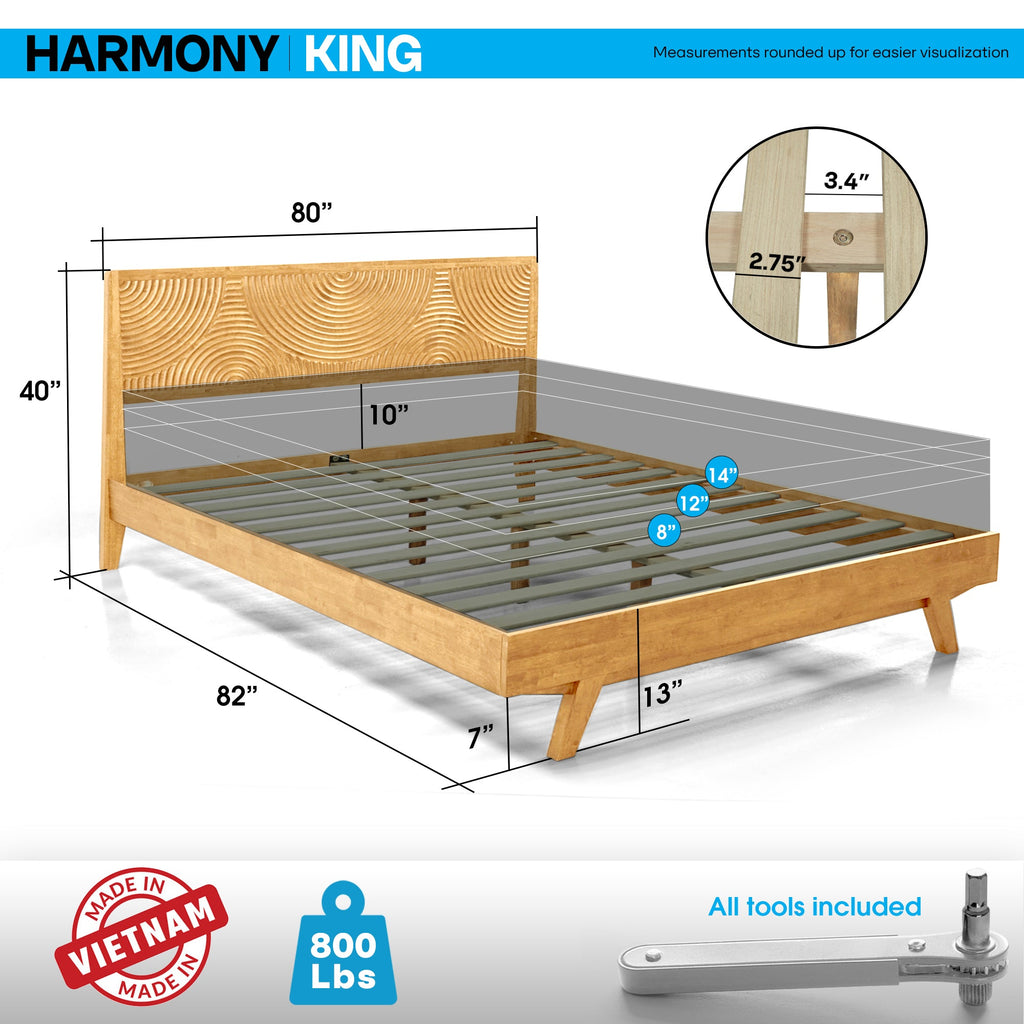 Wooden bed frame with dimensions and features highlighted, including 'Harmony King' branding.