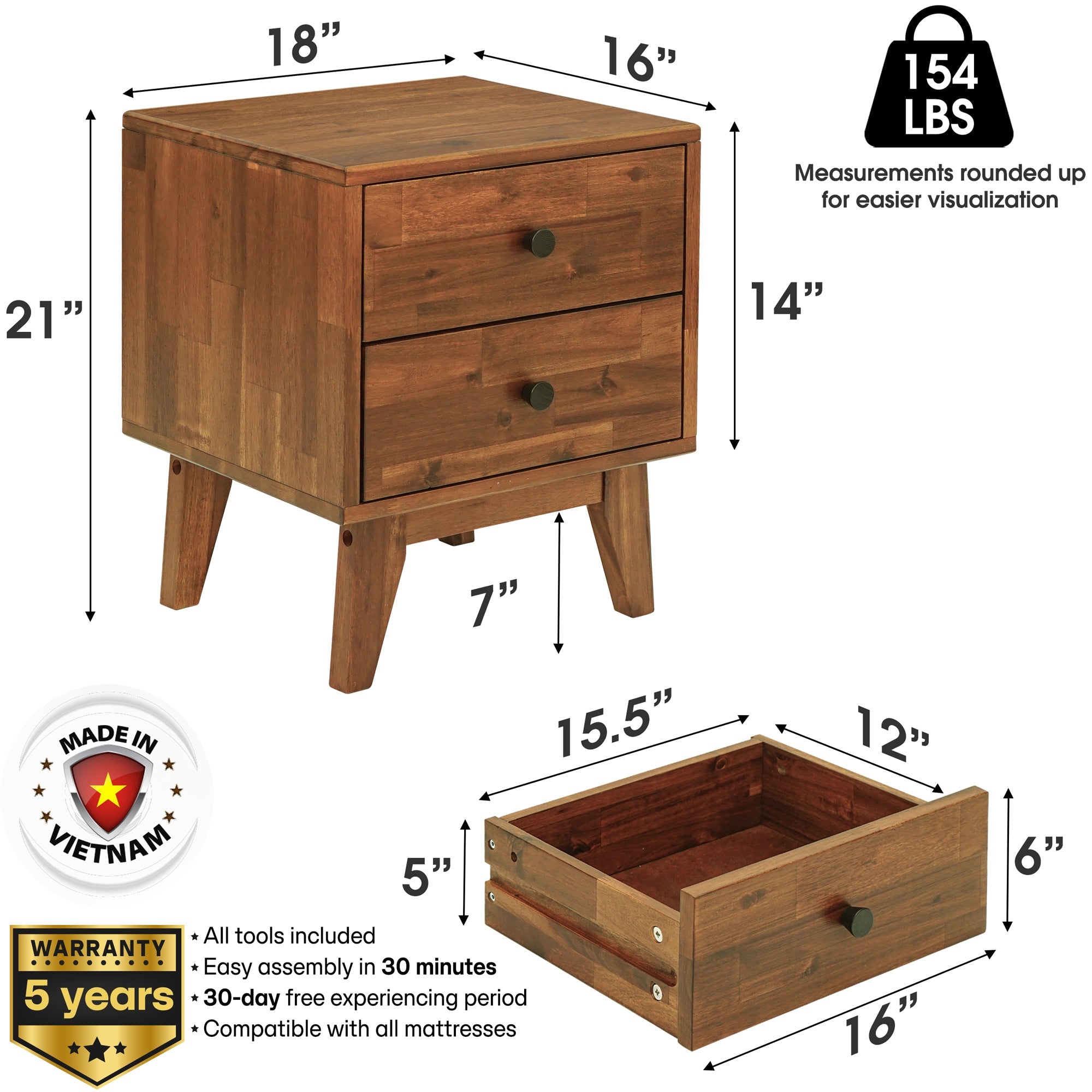 Silvia 2-Drawer Solid Wood Nightstand