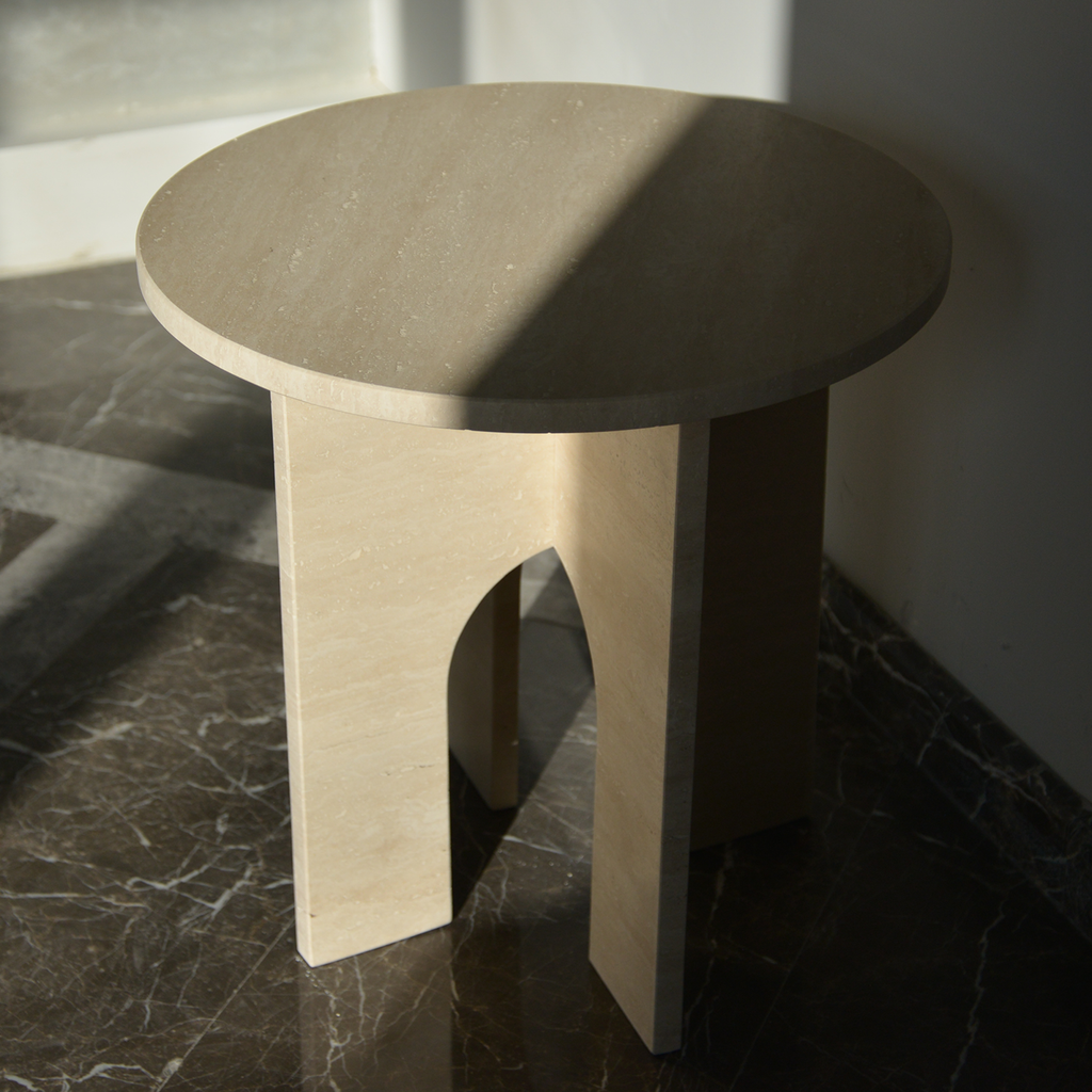 Travertine Round End/Side Marble Coffee Table U Shape Legs