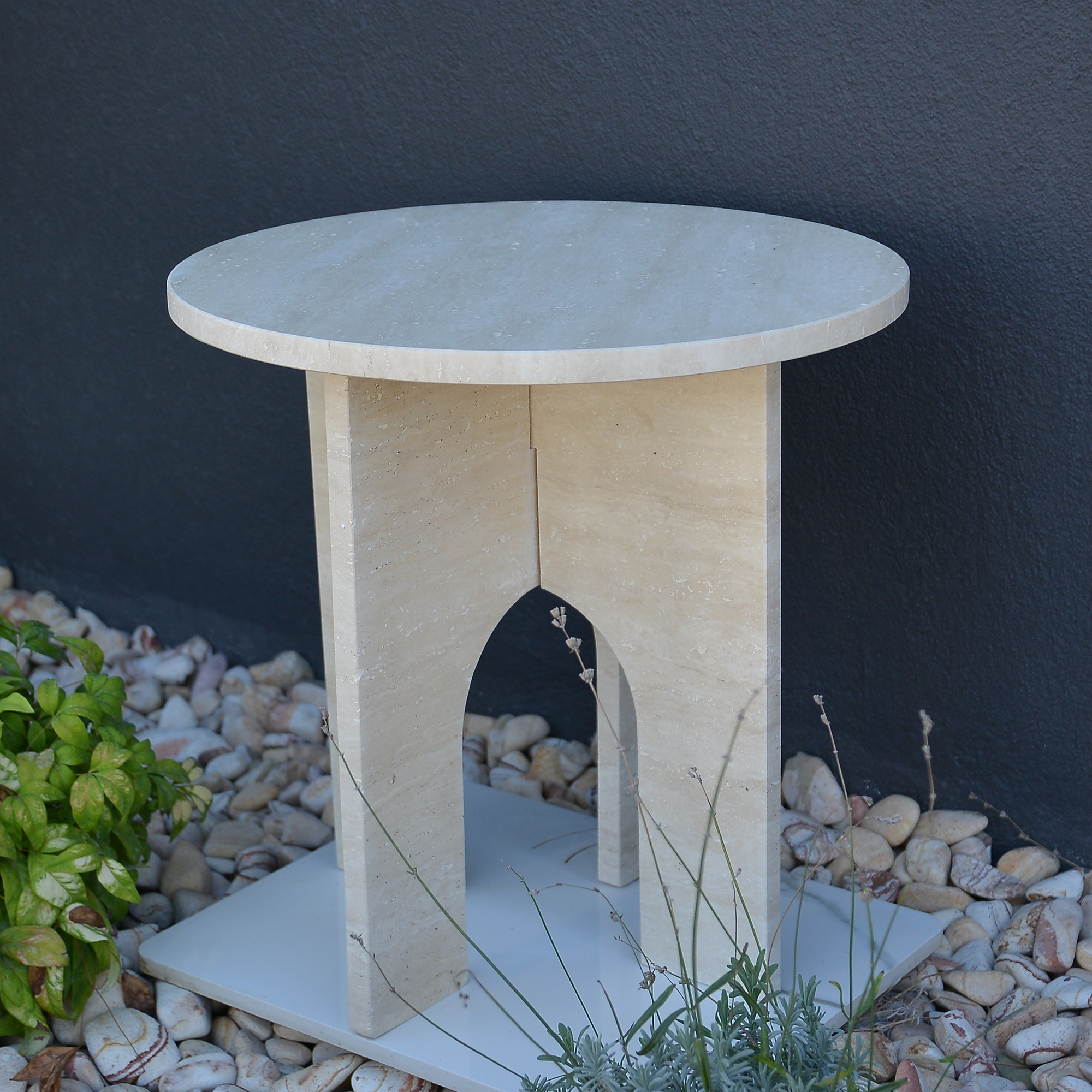 Travertine Round End/Side Marble Coffee Table U Shape Legs