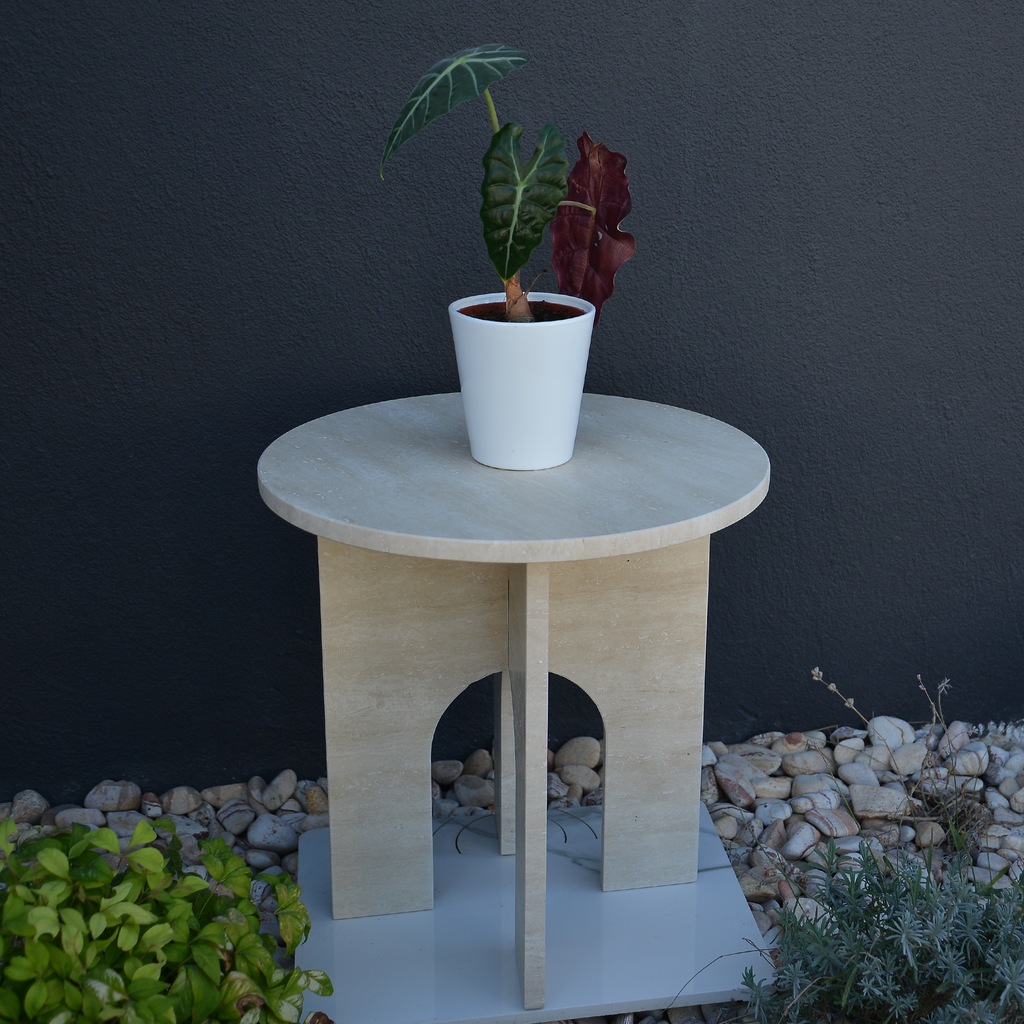 Travertine Round End/Side Marble Coffee Table U Shape Legs