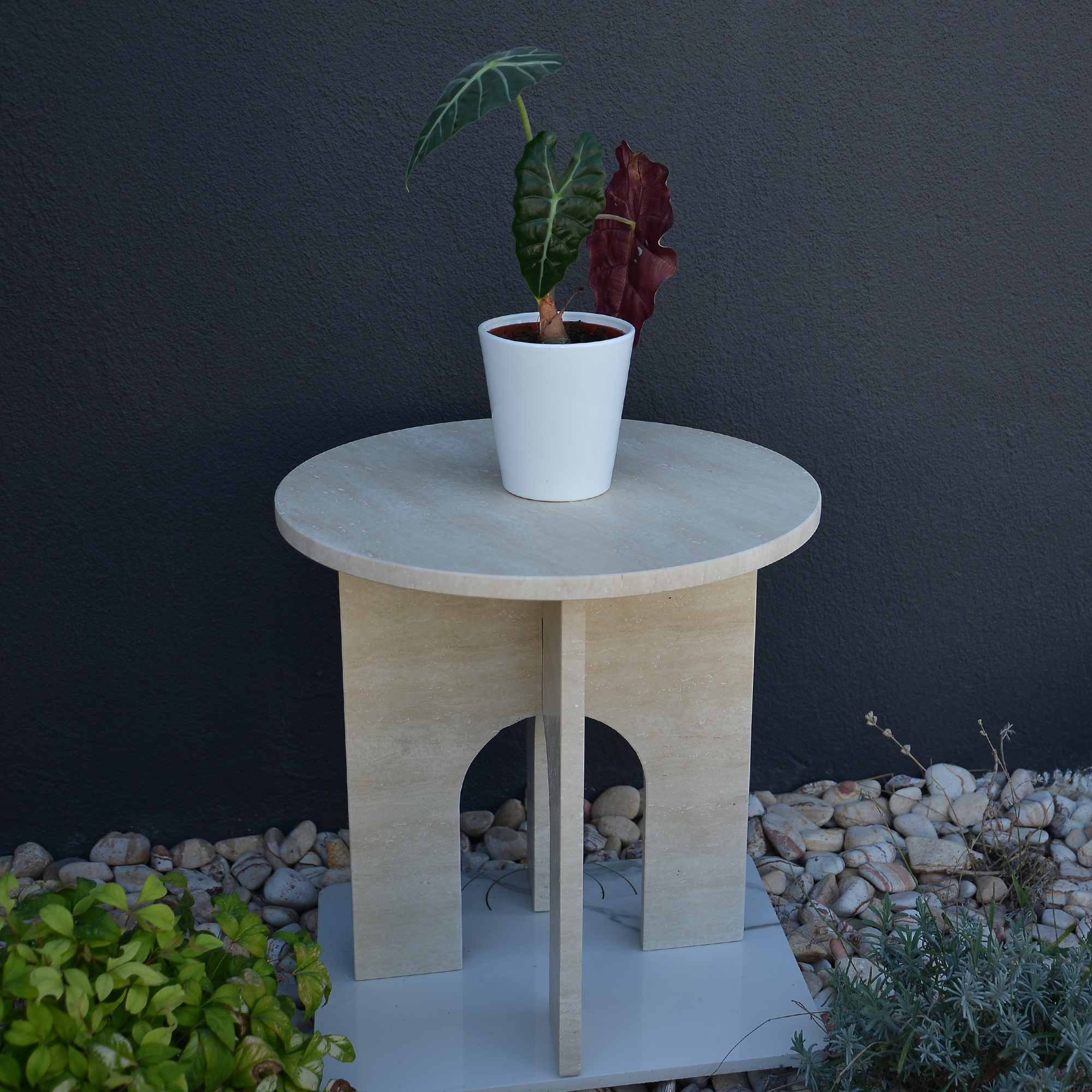 Travertine Round End/Side Marble Coffee Table U Shape Legs