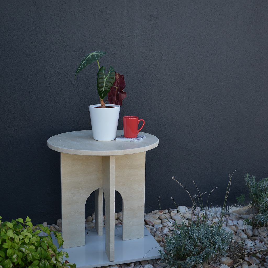 Travertine Round End/Side Marble Coffee Table U Shape Legs