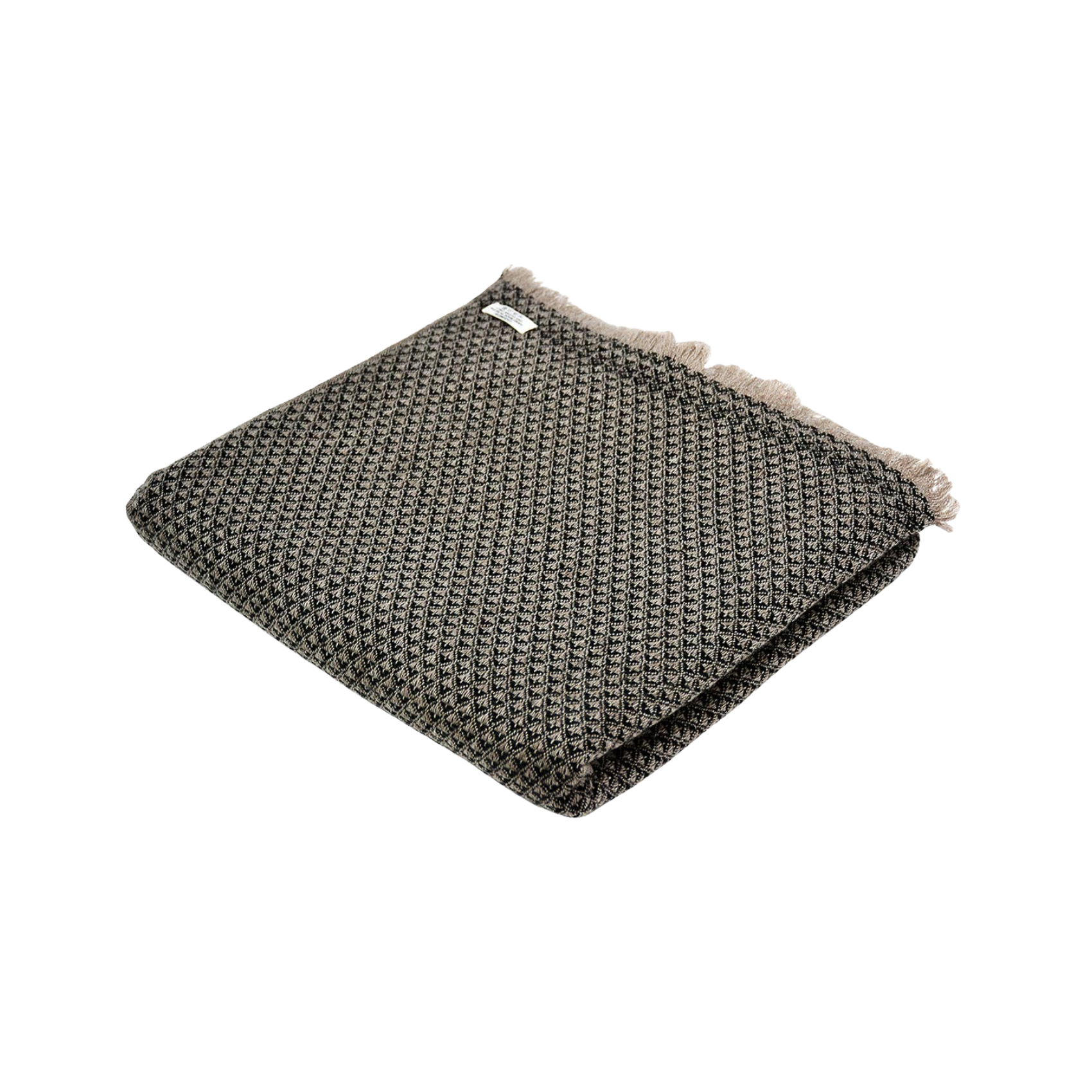 Knitted dark gray blanket with frayed edges on a white background