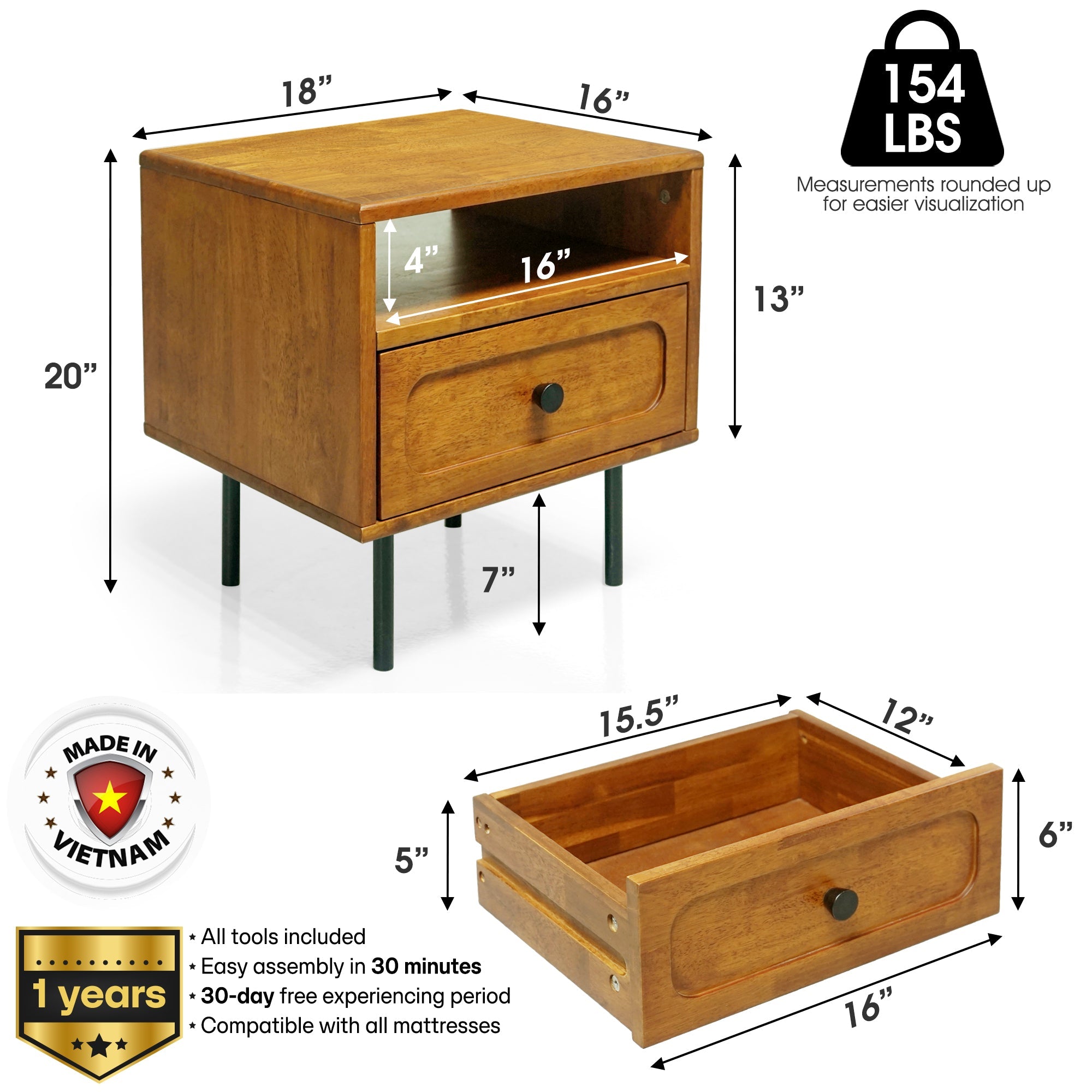 Savana Mid-Century Modern Single Drawer Solid Wood Nightstand
