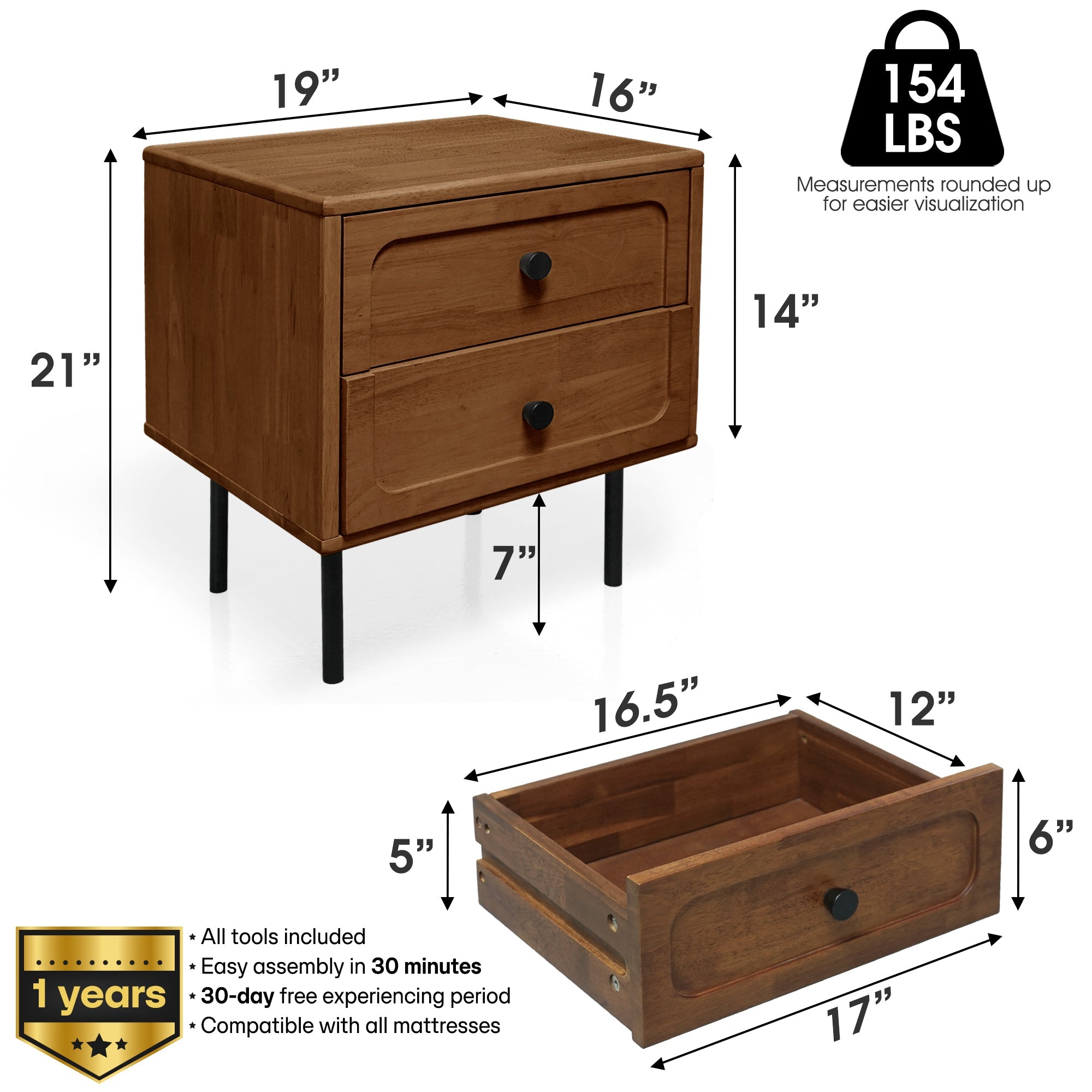 Savana Mid-Century 2 - Drawer Solid Wood Nightstand