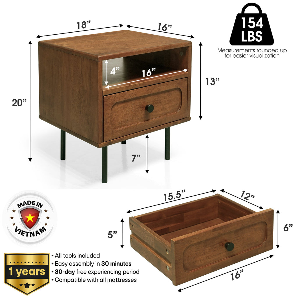 Savana Mid-Century Modern Single Drawer Solid Wood Nightstand