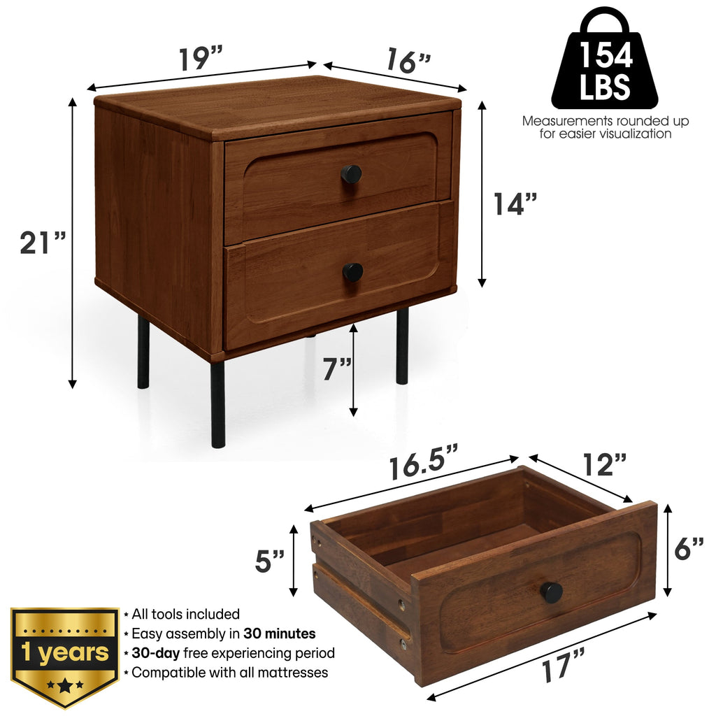 Savana Mid-Century 2 - Drawer Solid Wood Nightstand