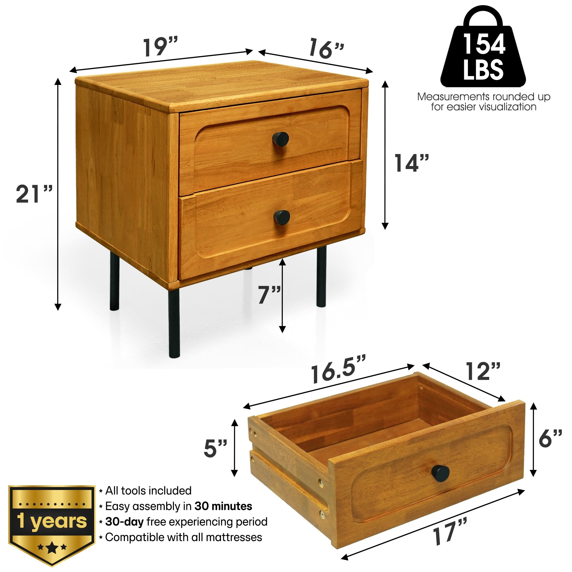 Savana Mid-Century 2 - Drawer Solid Wood Nightstand