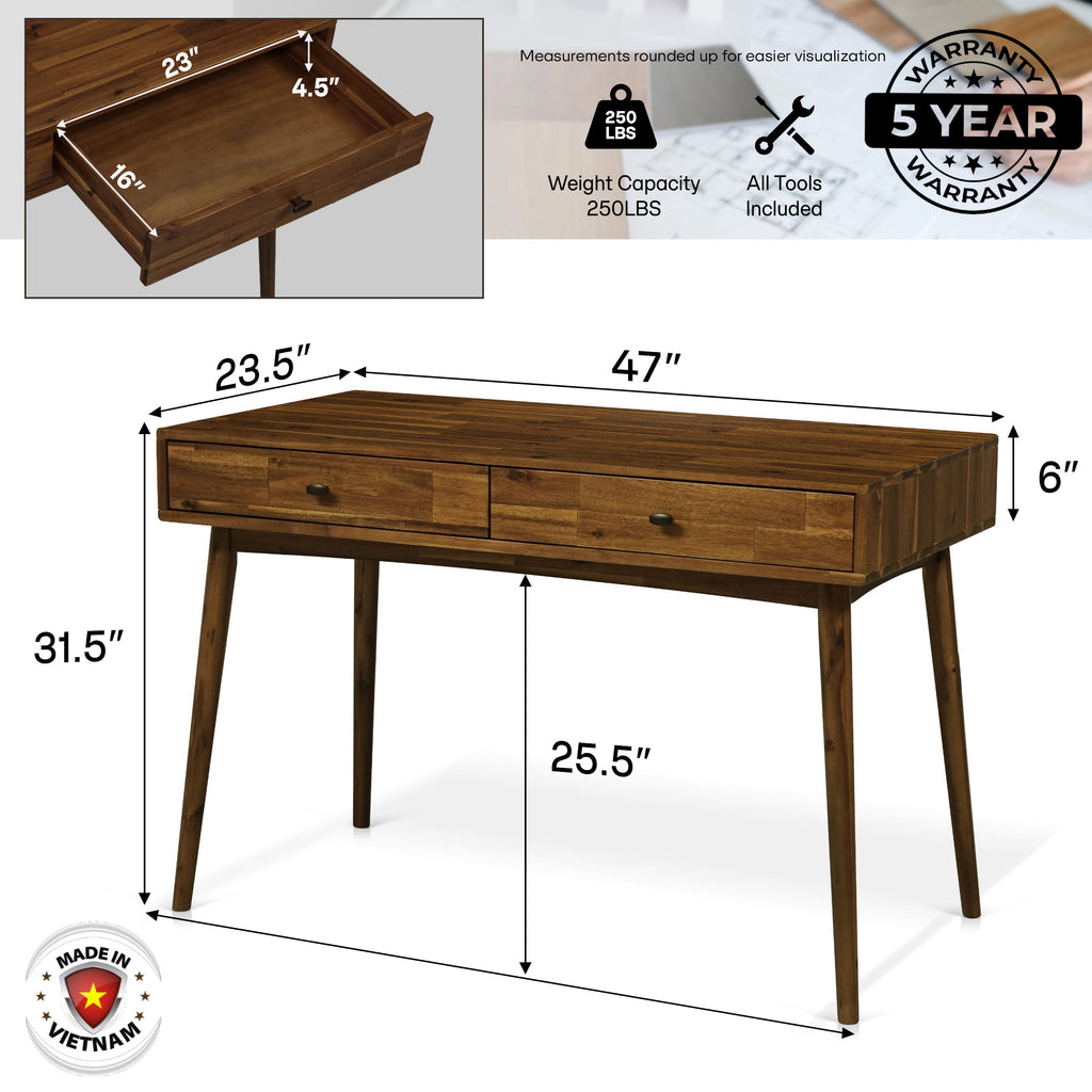 Wooden desk with dimensions and warranty information on a white background