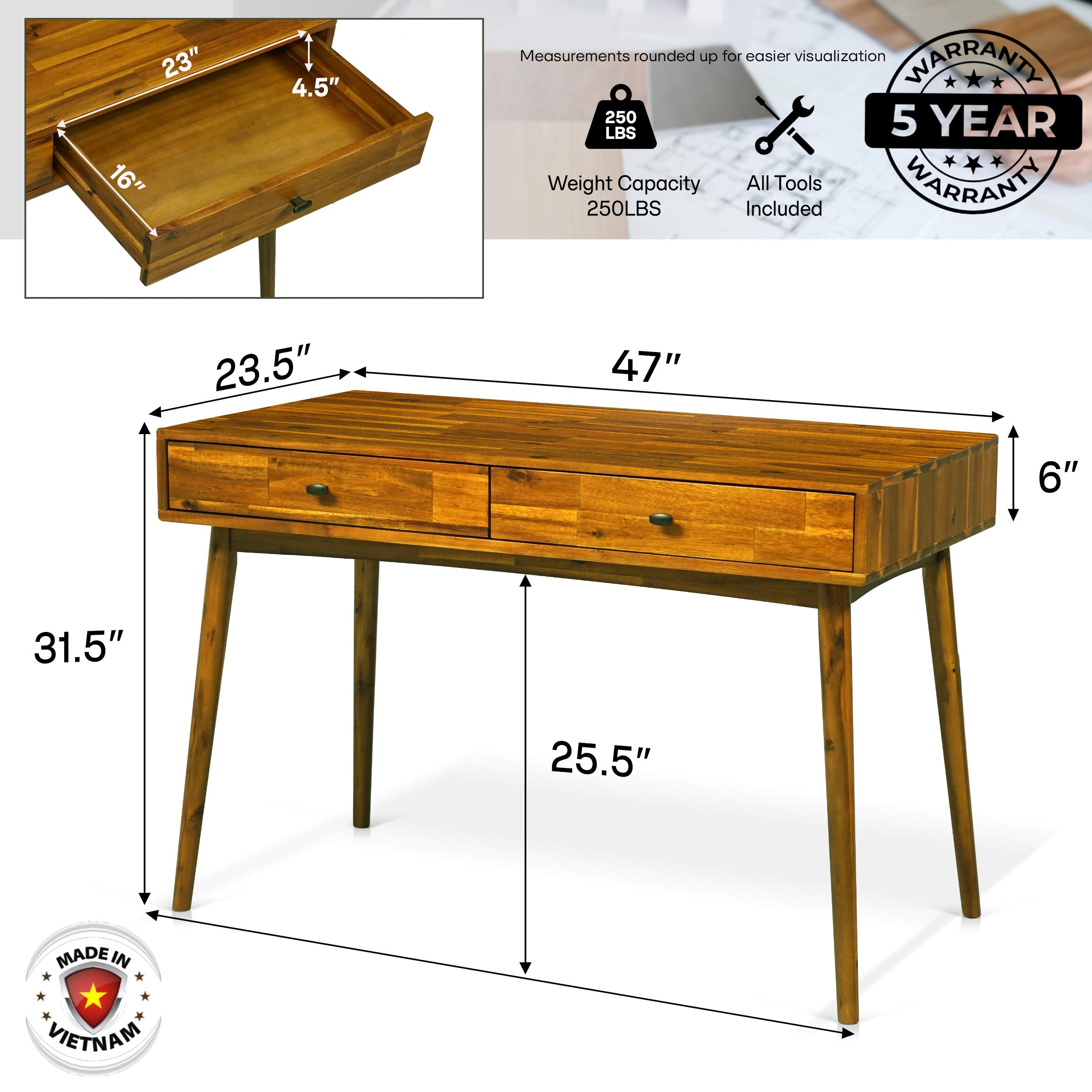 Wooden desk with dimensions and warranty information on a white background