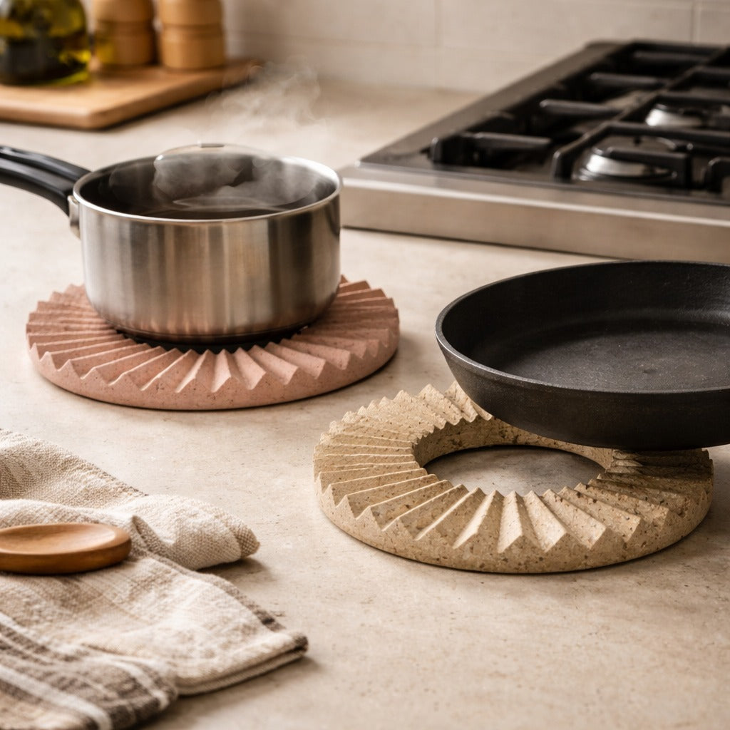 Kamado-style cookware on a kitchen counter with a pot and pan on ceramic stands.