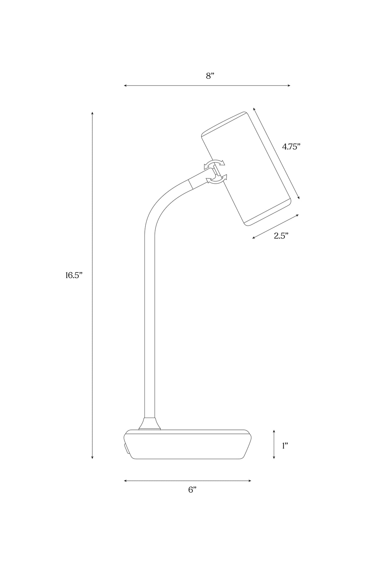 Line drawing of a desk lamp with dimensions labeled