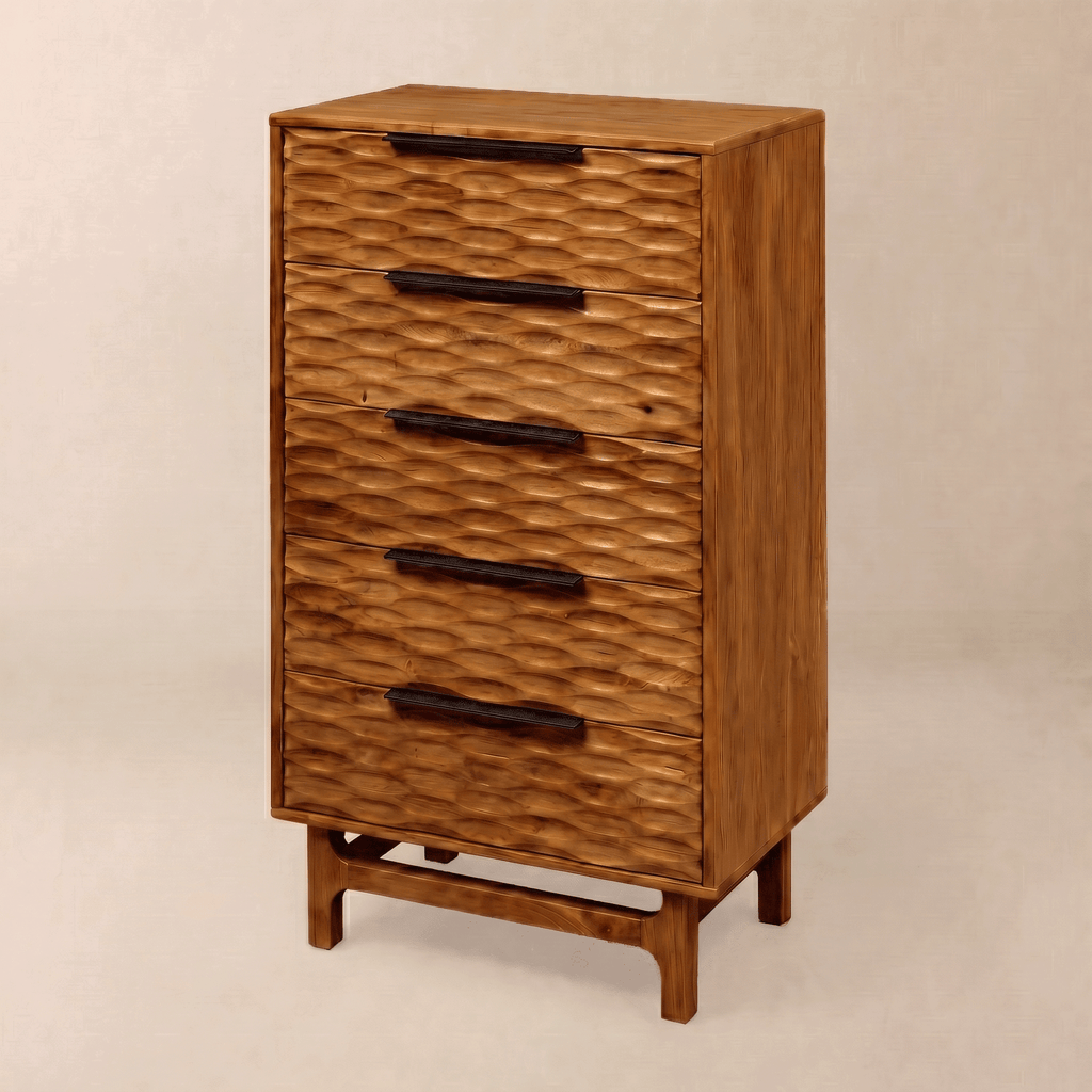 Wooden dresser with wavy texture and black handles on a beige background