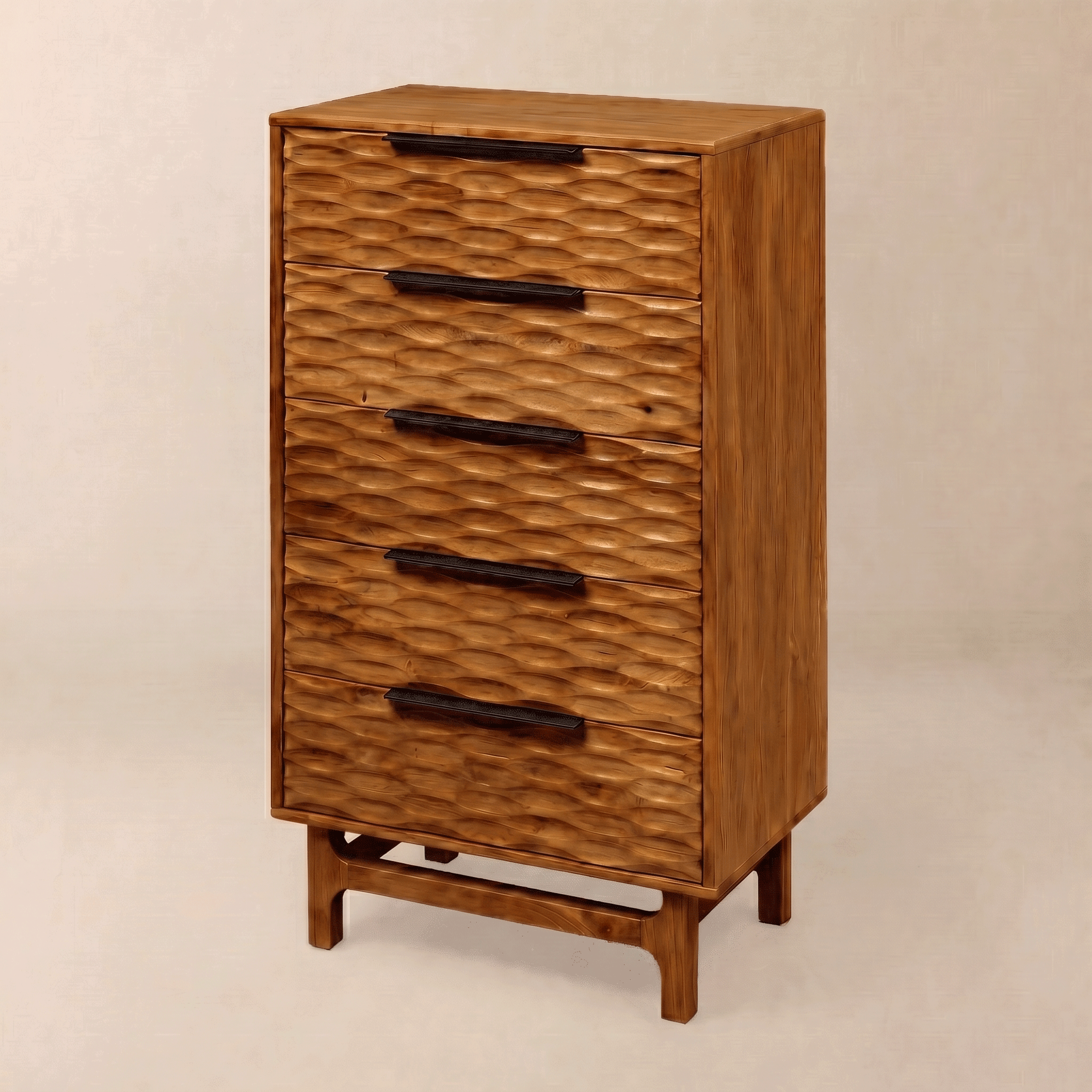 Wooden dresser with wavy texture and black handles on a beige background