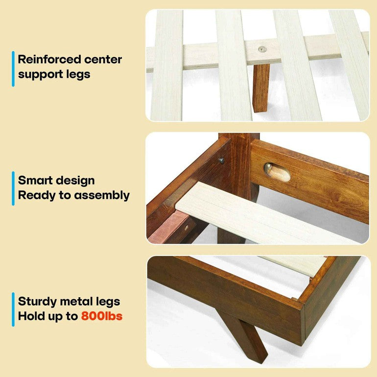 Wooden chair with reinforced center support legs, smart design for assembly, and sturdy metal legs on a beige background.