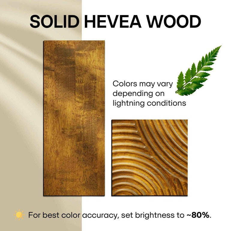 Solid Hevea wood with a leaf icon and text about color variation and brightness setting.