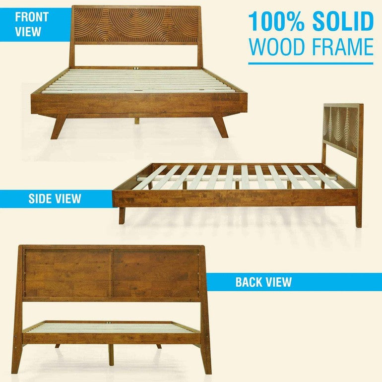 Wooden bed frame shown from front, side, and back views with text indicating '100% Solid Wood Frame'.