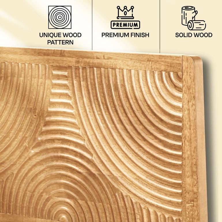 Wooden panel with unique pattern, premium finish, and solid wood attributes on a beige background.