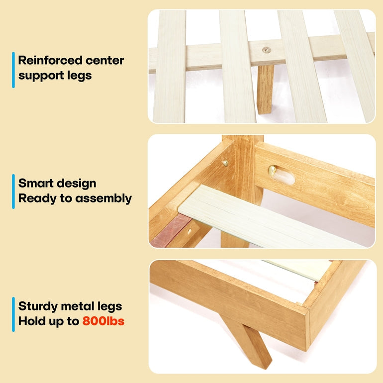 Wooden chair with reinforced center support legs, smart design for assembly, and sturdy metal legs holding up to 800 lbs.