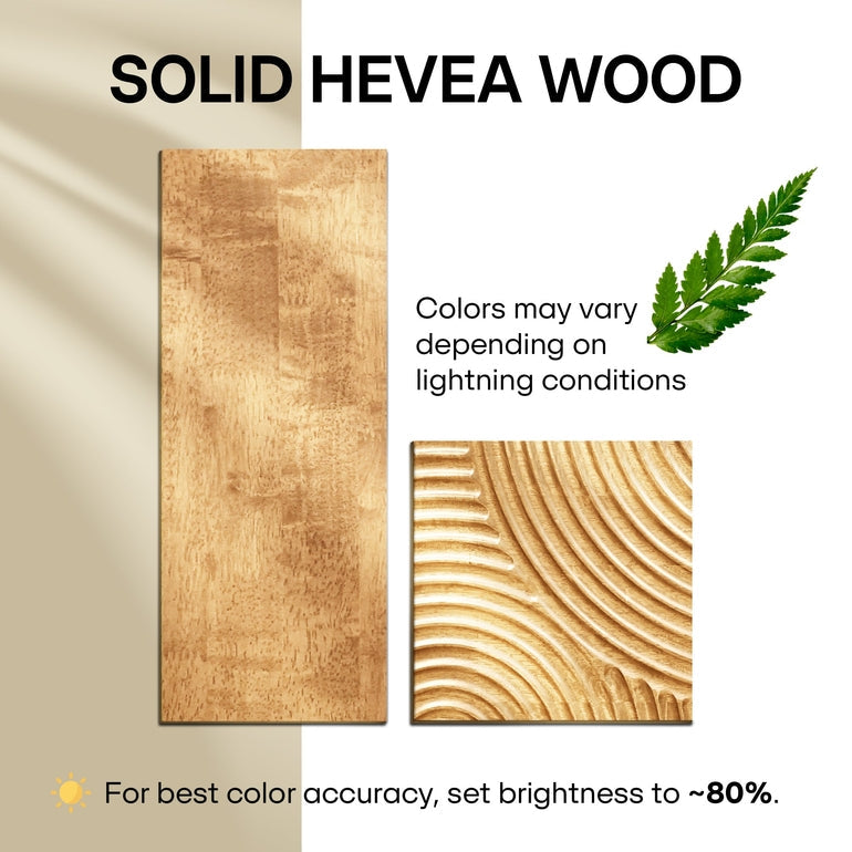 Solid Hevea wood with a leaf icon and text about color variation and brightness setting.
