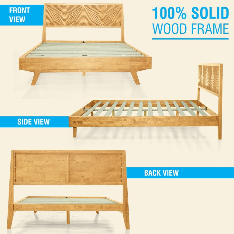 Wooden bed frame shown from front, side, and back views with '100% Solid Wood Frame' text.
