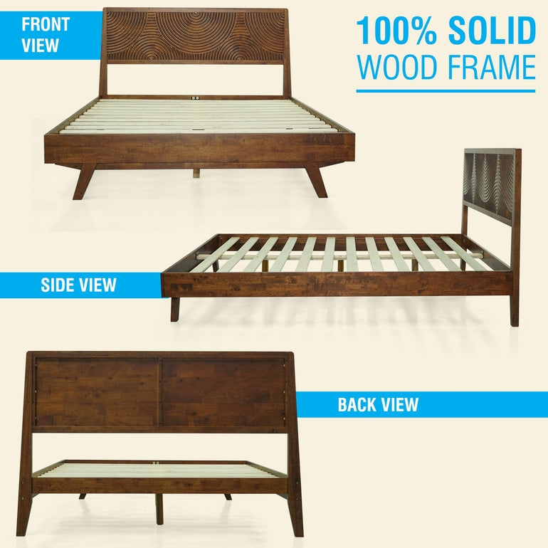 Wooden bed frame shown from front, side, and back views with text indicating '100% Solid Wood Frame'.