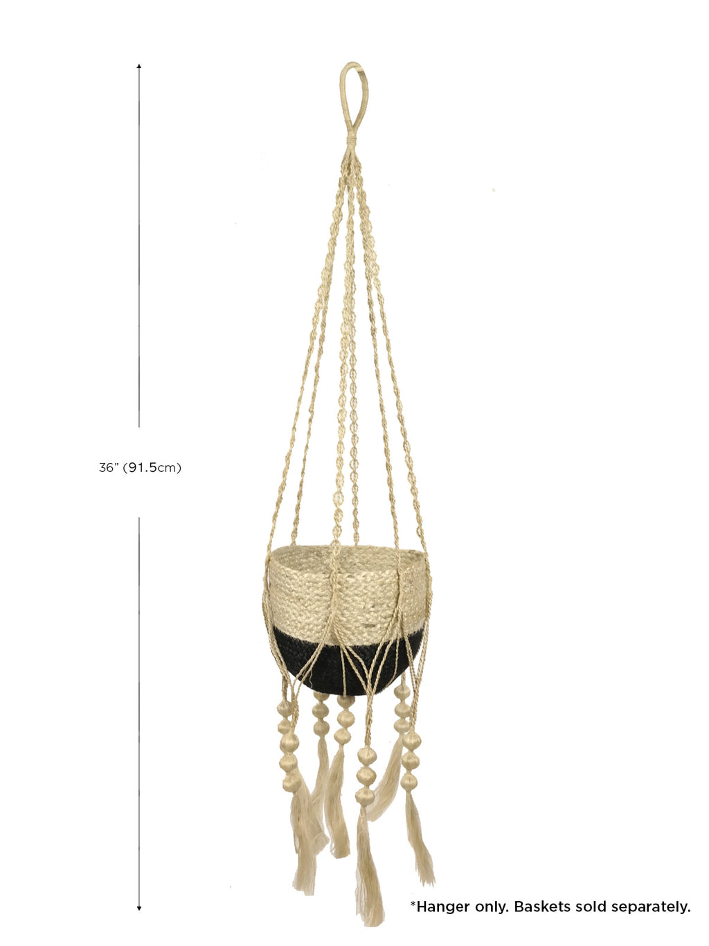 Macrame plant hanger with measurements on a white background
