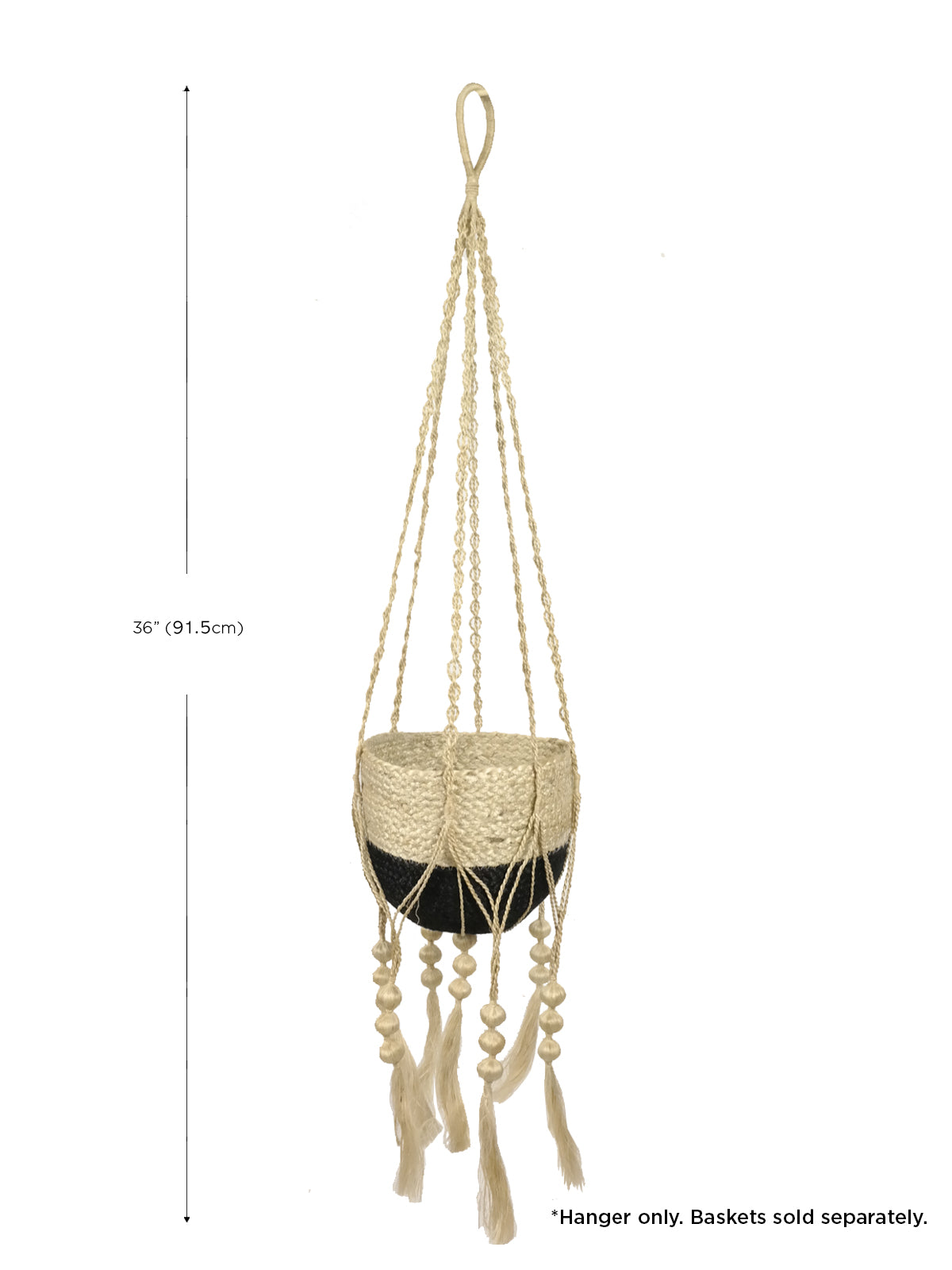 Macrame plant hanger with measurements on a white background