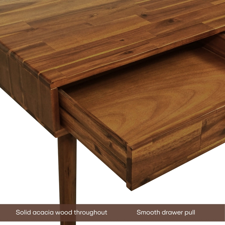 Wooden desk with a drawer, featuring solid acacia wood and a smooth drawer pull.
