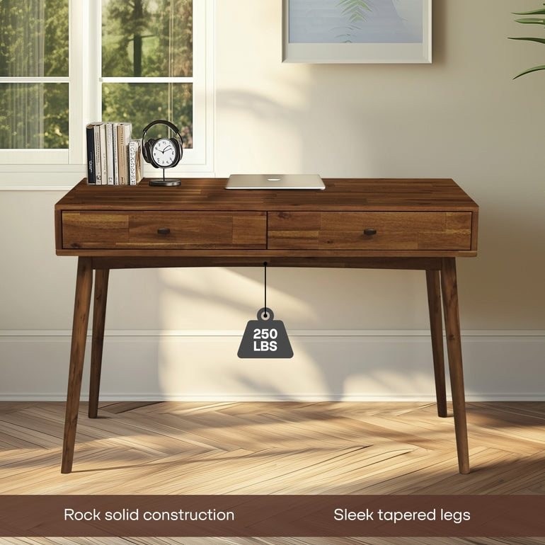 Wooden desk with two drawers in a room with a window and plant