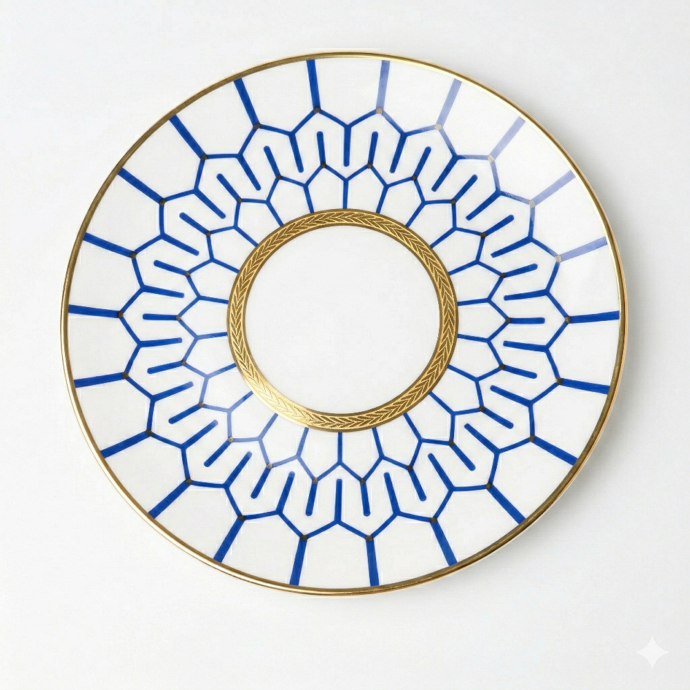 Decorative white plate with blue geometric lines and gold rim on a white background