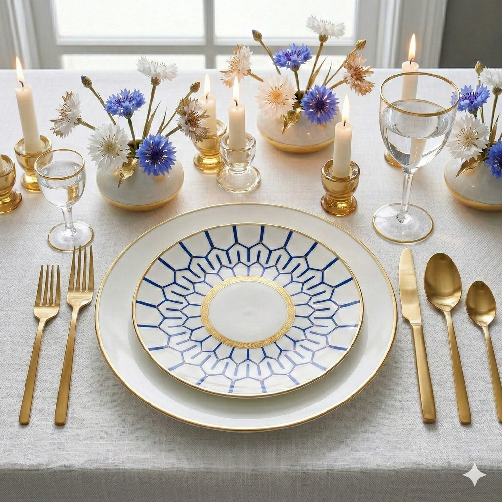 Elegant dining table with gold cutlery, patterned dinnerware, candles, and floral vases