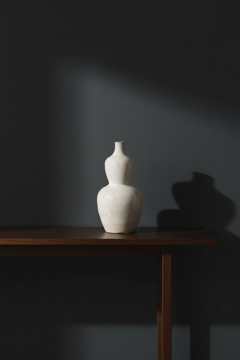 White ceramic vase on a wooden table with a dark background