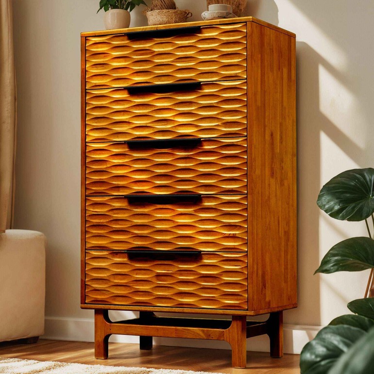 Wooden dresser with wavy pattern in a room with plants and furniture.