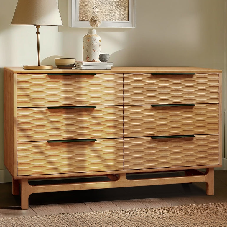 Wooden dresser with wavy pattern in a room setting