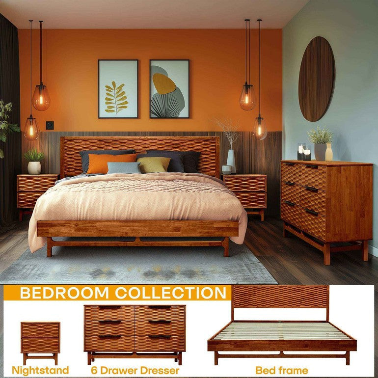 Wooden bedroom furniture set including bed, nightstands, and dresser in a room with orange walls.